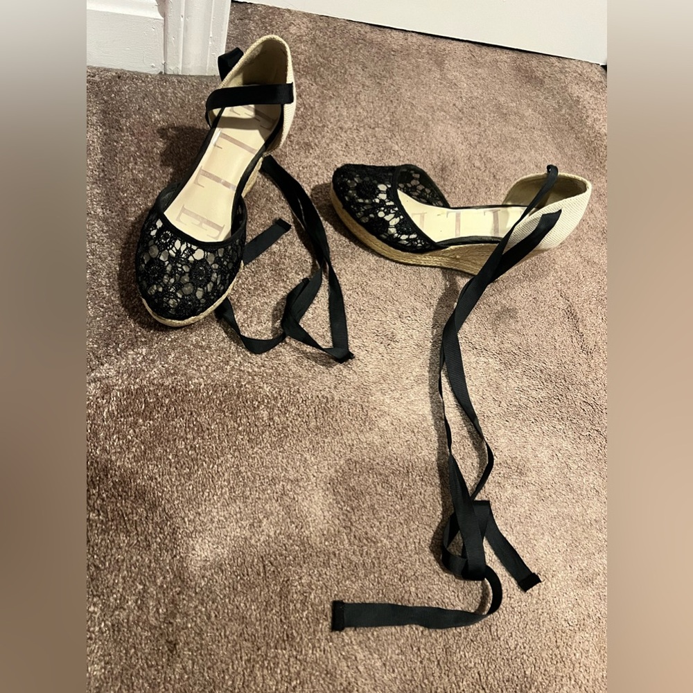 Black wedges with ribbon tie around your ankles